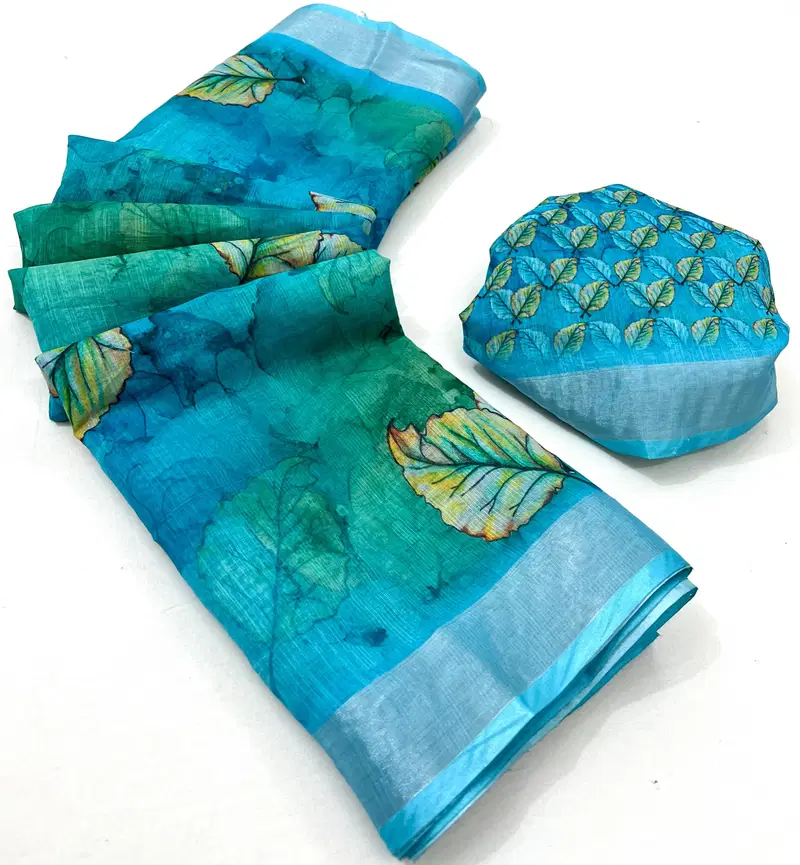 SRC Pure Linen Silver Jari Digital Printed Sarees Wholesale Market In Surat